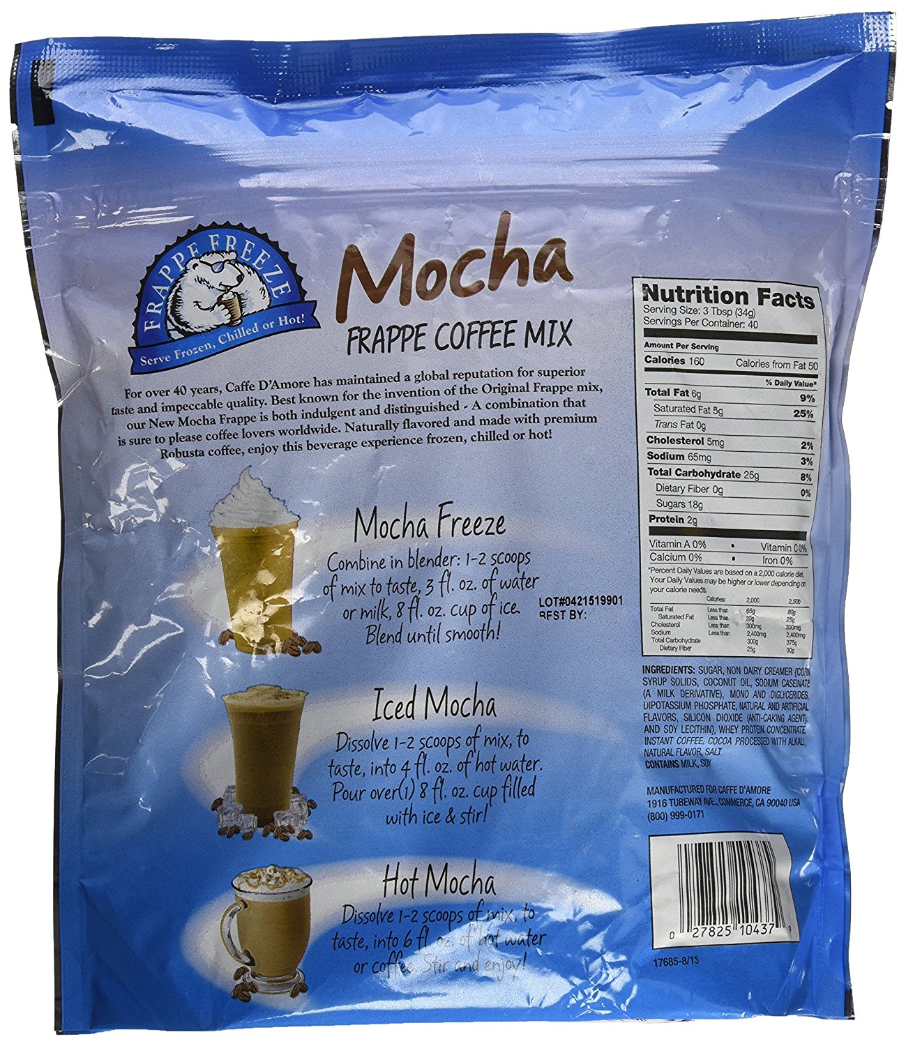 Caffe d amore frappe freeze mocha coffee mix 3 lbs reclosable bag n2
