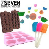78Seven Bakeware Silicone Kitchen BUNDLE Set. 12 Slot Pink Muffin Pan-12 Cupcake Holders- 2 Character Molds, Hearts...