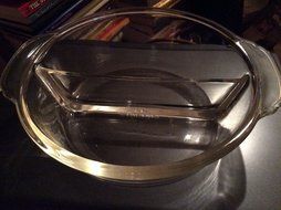 Vintage Fire-King 2 Quart Divided Casserole Bowl- Clear Glass