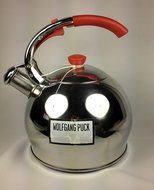 Wolfgang Puck Whistling 3 Quart Tea Kettle Stainless Steel with Red Accents