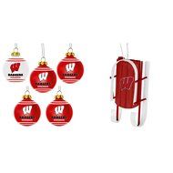 NCAA Wisconsin Badgers Plastic Christmas Ball Ornament 5 Pack Sled Bundle 2 Pack By Forever Collectibles