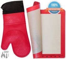 Silicone Oven Mitt &amp; Baking Mat, Heat Resistant Kitchen Gloves and Baking Mat for Cooking, Baking, Barbeque, Grilling
