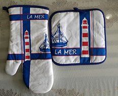 V&amp;J Kitchen Oven Mitt Pot Holder Set --Blue White