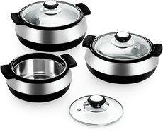 Cello Oscar 750/1100/1700ml Glass Lid 3 Piece Hot-Pot Insulated Casserole Gift Set, Black