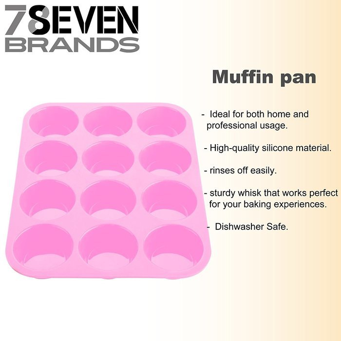 78Seven Bakeware Silicone Kitchen BUNDLE Set. 12 Slot Pink Muffin Pan-12 Cupcake Holders- 2 Character Molds, Hearts... N6