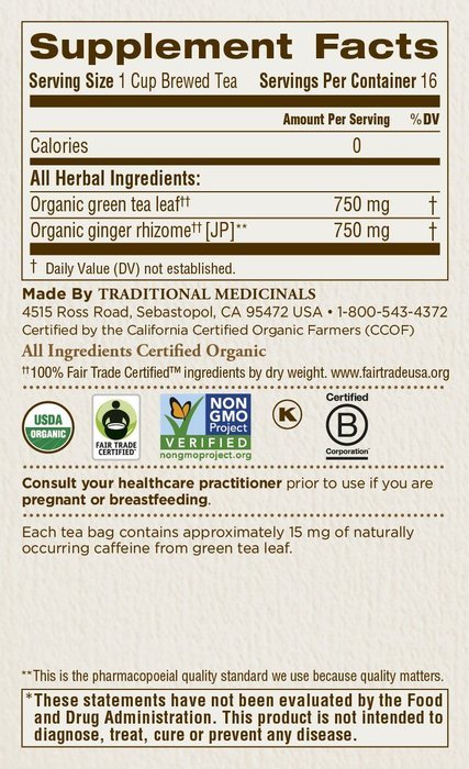 Traditional Medicinals Organic Green Tea Ginger Tea, 16 Tea Bags (Pack of 6) N5