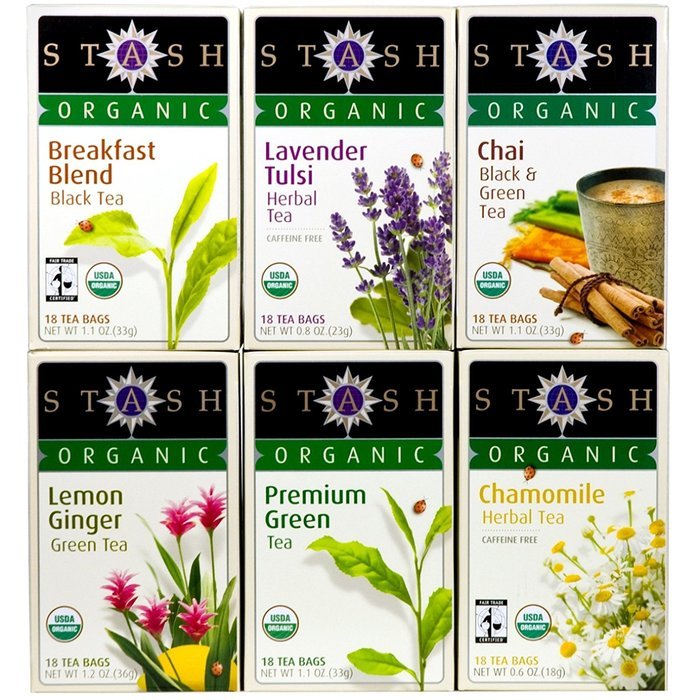 Stash Tea Organic Tea Six Flavor Assortment, 18 Count Tea Bags in Foil (Pack of 6)