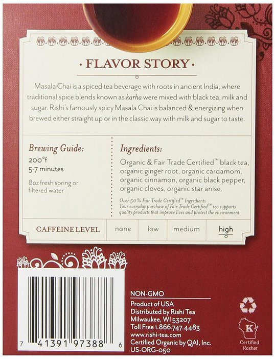Rishi Tea Organic Masala Chai Tea Bags, 15 Count (Pack of 6) N2