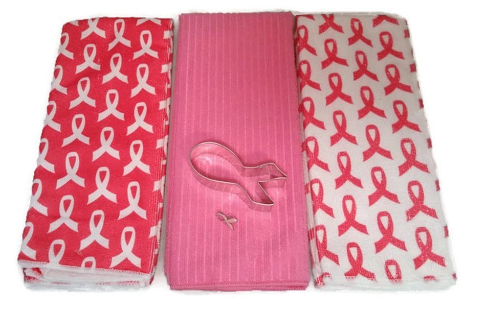 Breast Cancer Awareness Dish Towels with Ribbon Cookie Cutter and Enamel Pin