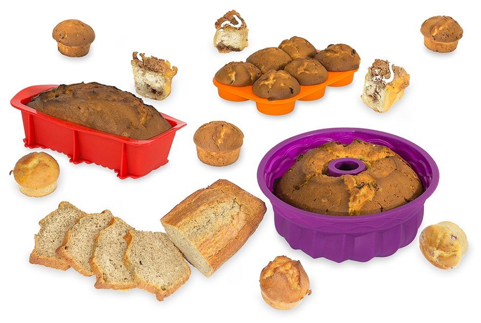Silicone Bakeware 3-Piece Set &ndash; Fluted Bundt-style Tube Cake Mold &ndash; Loaf Pan &ndash; Muffin / Cupcake Mold &ndash; Nonstick... N9