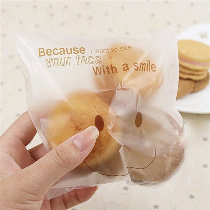 Kuou Smile Face Frosted Translucent Thick Self Adhesive Cookie Bakery Candy Biscuit OPP Plastic Bags for Bakery...