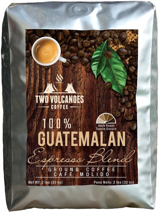 Two Volcanoes Ground Coffee - Dark Roast Espresso Blend - 2 lb bag - Guatemala DeliciousOrganic Gourmet Coffee...