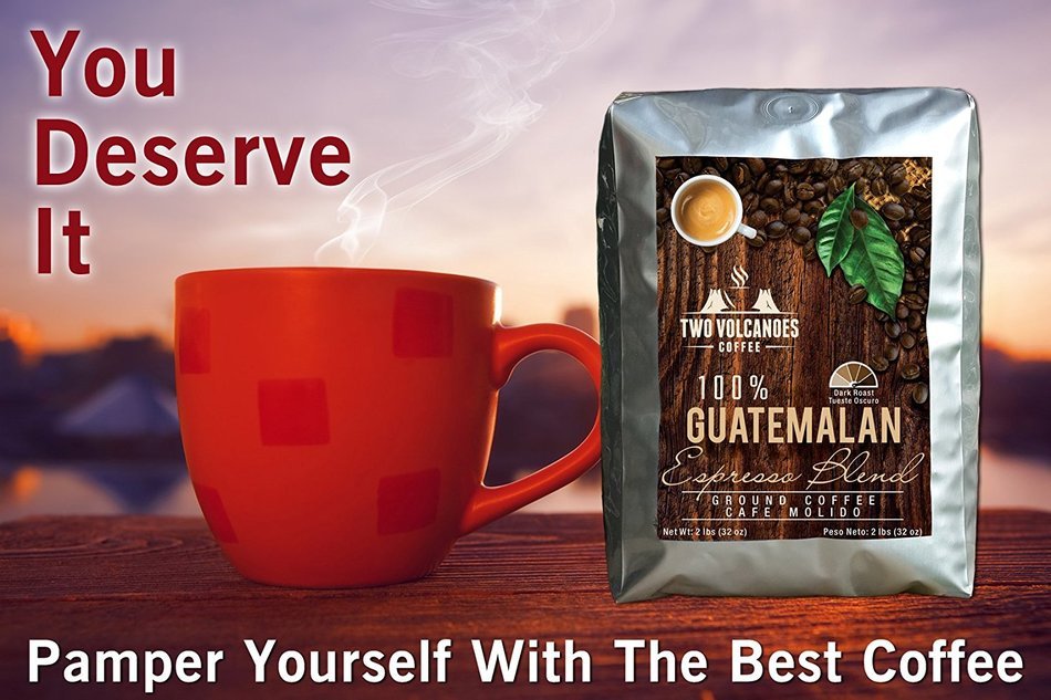 Two Volcanoes Ground Coffee - Dark Roast Espresso Blend - 2 lb bag - Guatemala DeliciousOrganic Gourmet Coffee... N5