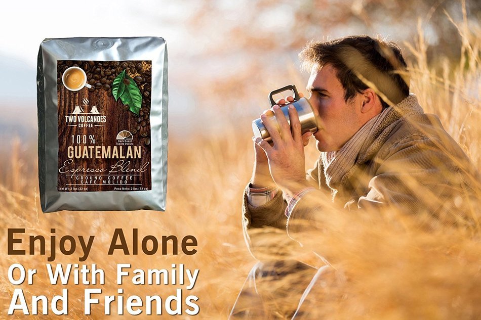 Two Volcanoes Ground Coffee - Dark Roast Espresso Blend - 2 lb bag - Guatemala DeliciousOrganic Gourmet Coffee... N7