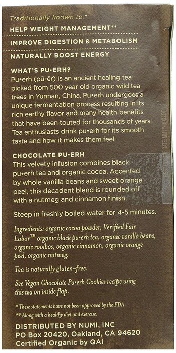 Numi Organic Tea Chocolate Puerh, Full Leaf Black Tea Bags, 16 Count N2