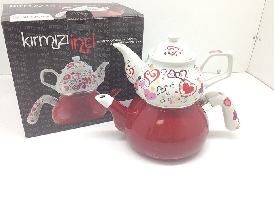 3 Pieces Tea Kettle Set-Family Size,Enamel,Stove Top,First One Kirmizi Inci N3