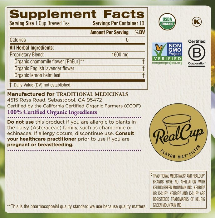 Traditional Medicinals Organic Chamomile with Lavender Tea, Single Serve Cups for Keurig K-Cup Brewers, 10 Count N5