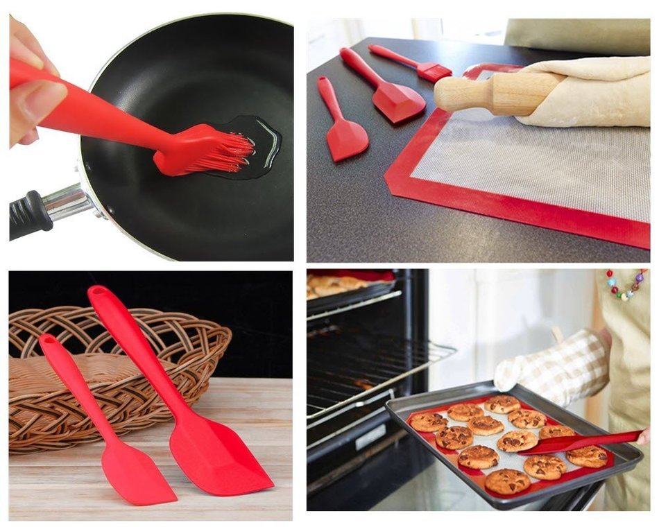 Silcony Set of 4 Pure Silicone Heat Resistant Spatulas, Spoon, Basting Pastry Brush (11"-8.4") Perfect for Baking... N4