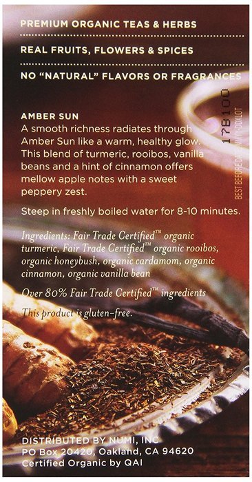 Numi Organic Turmeric Tea - Amber Sun, Blended w/ Rooibos, Cinnamon & Vanilla, 12 non-GMO Tea Bags, 3 Count N3