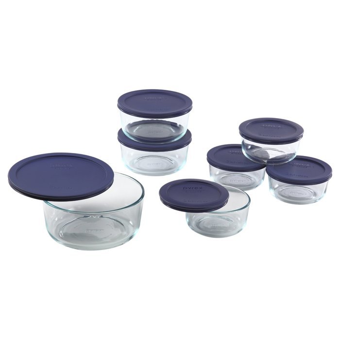 Pyrex 6022369 Storage 14-Piece Round Set, Clear with Blue Lids