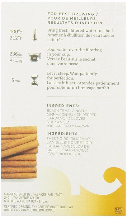 Tazo Organic Chai - 149904, Black Tea-24 Tea Bags-2.3oz/65g N2