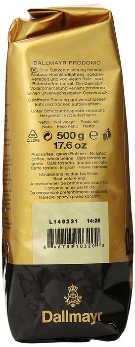 Dallmayr Gourmet Coffee, Prodomo (Whole Bean), 500g Vacuum Packs (Pack of 2) N2