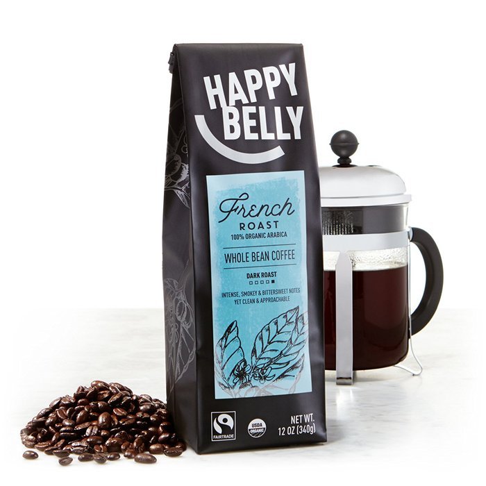 Happy Belly French Roast Organic Fairtrade Coffee, Dark Roast, Whole Bean, 12 ounce