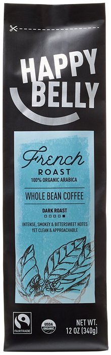 Happy Belly French Roast Organic Fairtrade Coffee, Dark Roast, Whole Bean, 12 ounce N2