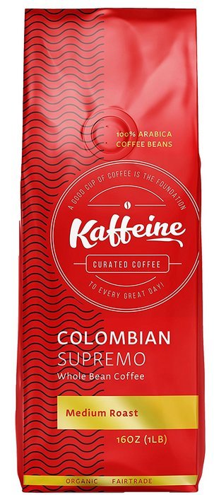 Kaffeine Koffee Organic Colombian Supremo Medium Roast Whole Bean Specialty Gourmet Coffee (2 LB) N2