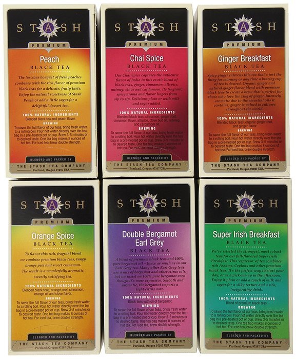 Stash Tea Black Tea Six Flavor Assortment, 18-20 Count Tea Bags in Foil (Pack of 6) N2