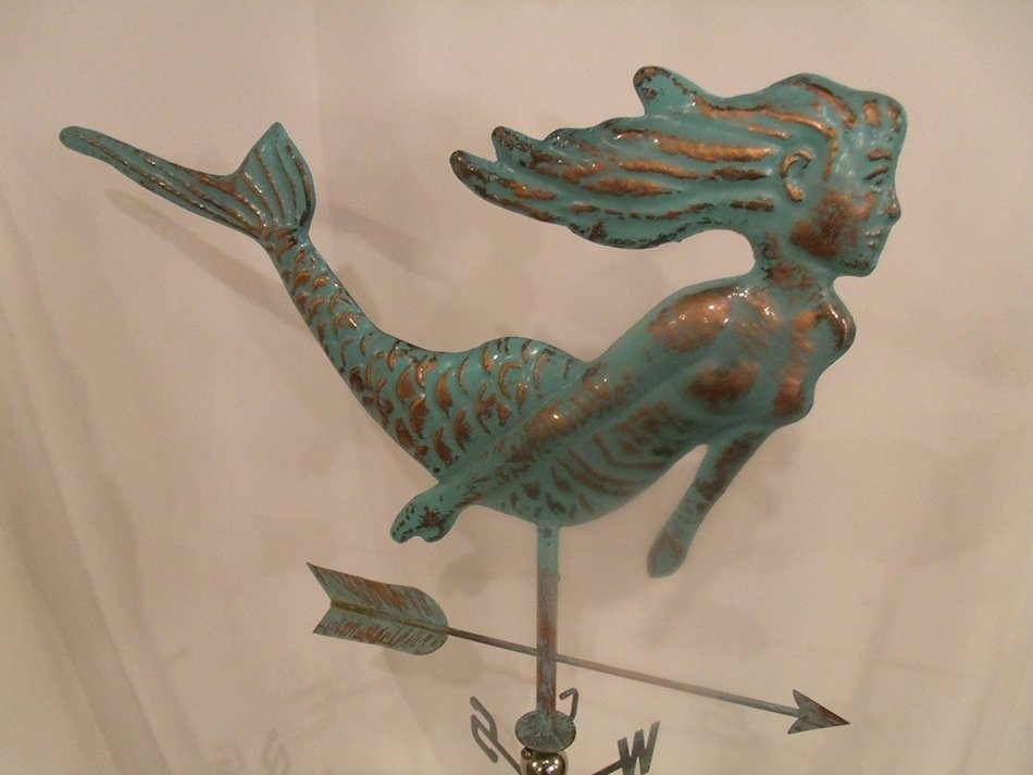 LARGE Handcrafted 3D 3- Dimensional Mermaid Weathervane Copper Patina Finish N2