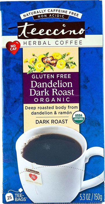 Teeccino Gluten Free Organic Chicory Herbal Tea Dandelion Dark Roast Tea Bags, Caffeine Free, Acid Free 10 count N3