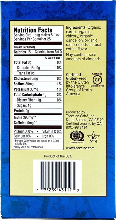 Teeccino Gluten Free Organic Chicory Herbal Tea Dandelion Dark Roast Tea Bags, Caffeine Free, Acid Free 10 count N4