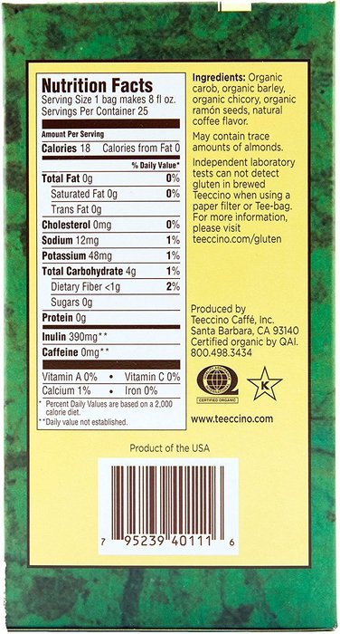 Teeccino Gluten Free Organic Chicory Herbal Tea Dandelion Dark Roast Tea Bags, Caffeine Free, Acid Free 10 count N12