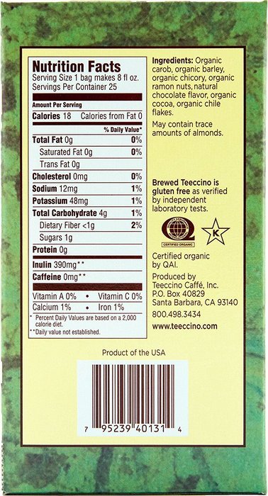 Teeccino Gluten Free Organic Chicory Herbal Tea Dandelion Dark Roast Tea Bags, Caffeine Free, Acid Free 10 count N17