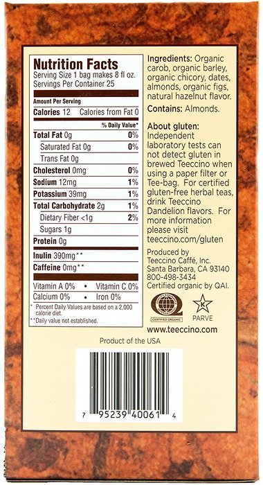 Teeccino Gluten Free Organic Chicory Herbal Tea Dandelion Dark Roast Tea Bags, Caffeine Free, Acid Free 10 count N19