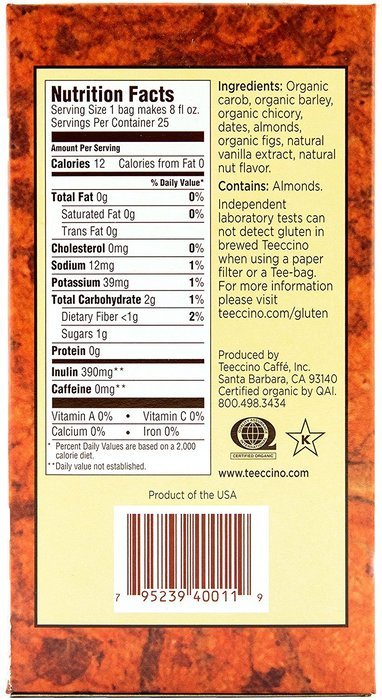 Teeccino Gluten Free Organic Chicory Herbal Tea Dandelion Dark Roast Tea Bags, Caffeine Free, Acid Free 10 count N24