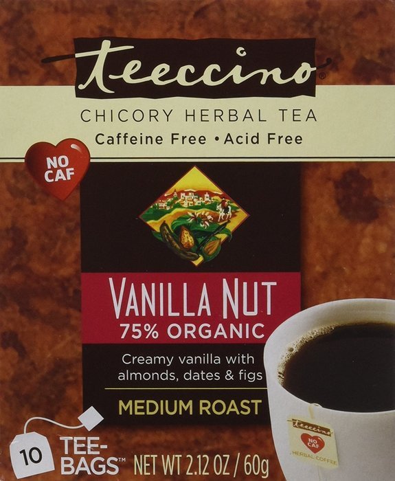 Teeccino Gluten Free Organic Chicory Herbal Tea Dandelion Dark Roast Tea Bags, Caffeine Free, Acid Free 10 count N25