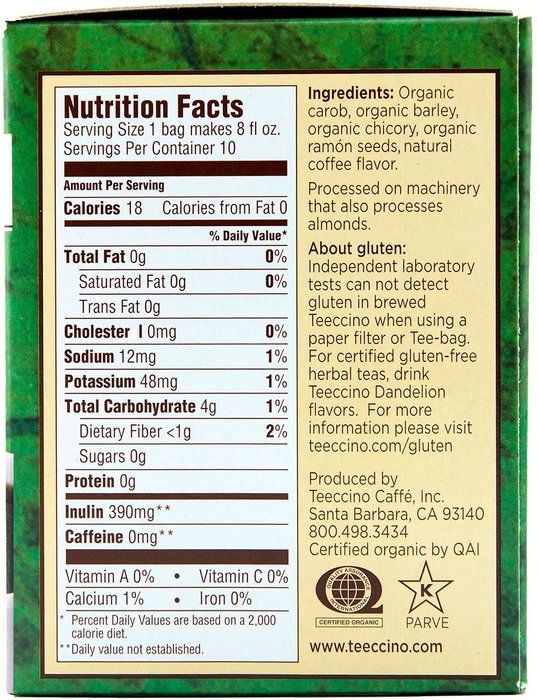 Teeccino Gluten Free Organic Chicory Herbal Tea Dandelion Dark Roast Tea Bags, Caffeine Free, Acid Free 10 count N28