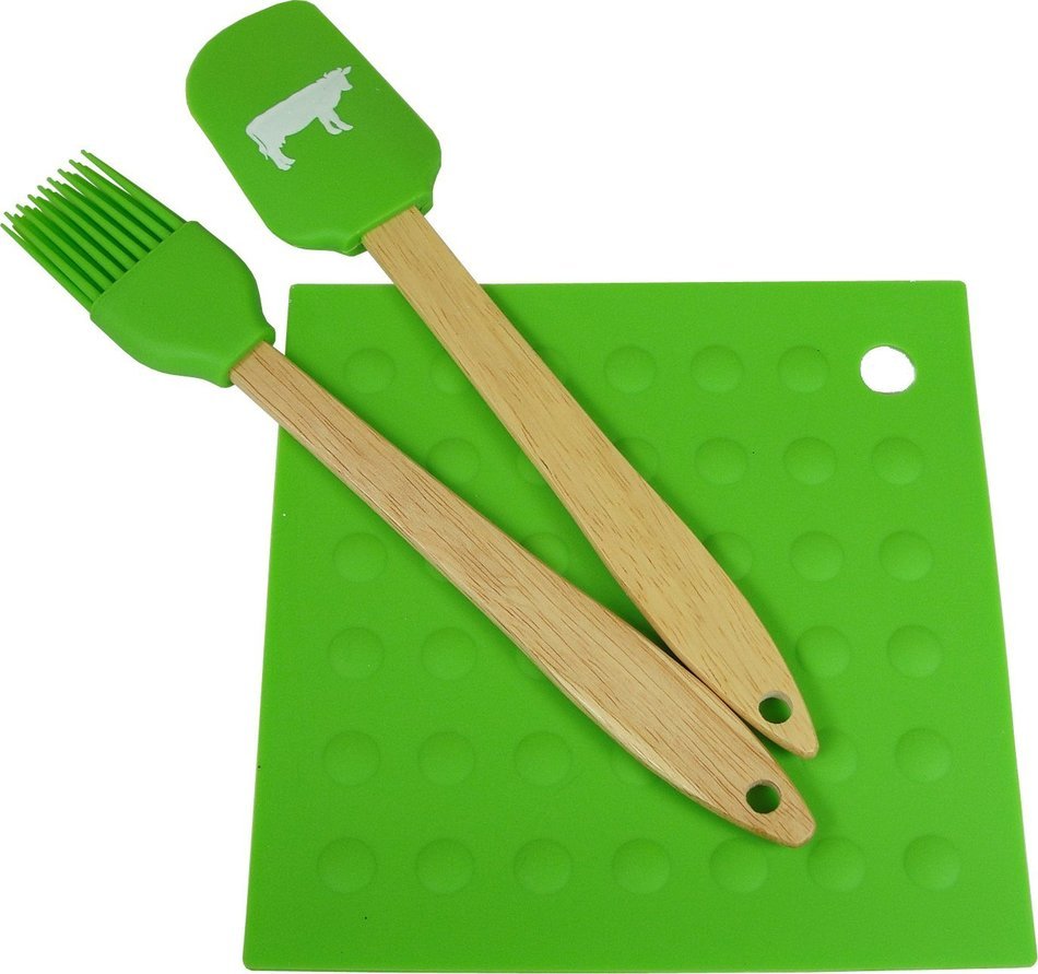 Green - Colorful Silicone 3 Piece Baking Set: Spatula, Brush, Mat
