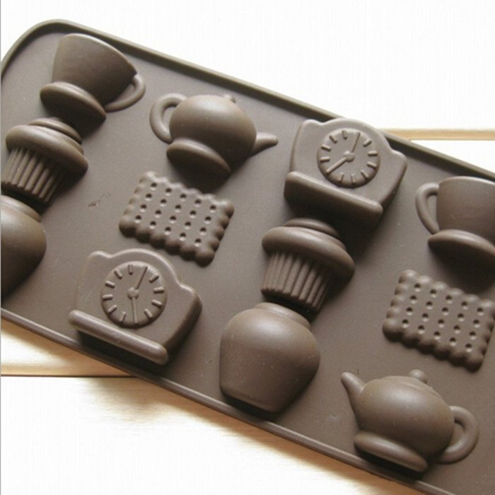 Bhbuy 1silicone Tea Cup Clock Teapot Ice Chocolate Mould Cake Mold 12 Holes DIY Tools N2