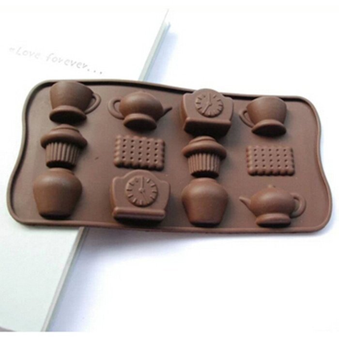 Bhbuy 1silicone Tea Cup Clock Teapot Ice Chocolate Mould Cake Mold 12 Holes DIY Tools N3