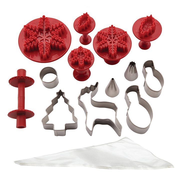 Dishwasher Safe, Winter Cake Kit with Stainless Steel Cutters Include Tree , Red