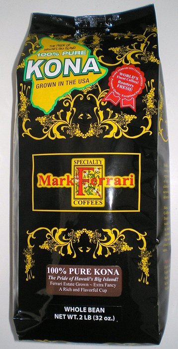 100% Pure Kona Coffee-Medium-Dark Roast Whole Bean, 2 LB Bag