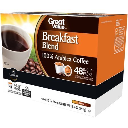 Great Value Breakfast Blend Medium Roast Coffee K-Cups, 0.33 oz, 48 count