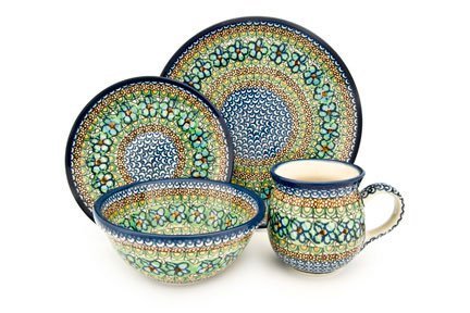 Polish Pottery Mardi Gras 4PC Dinner Set