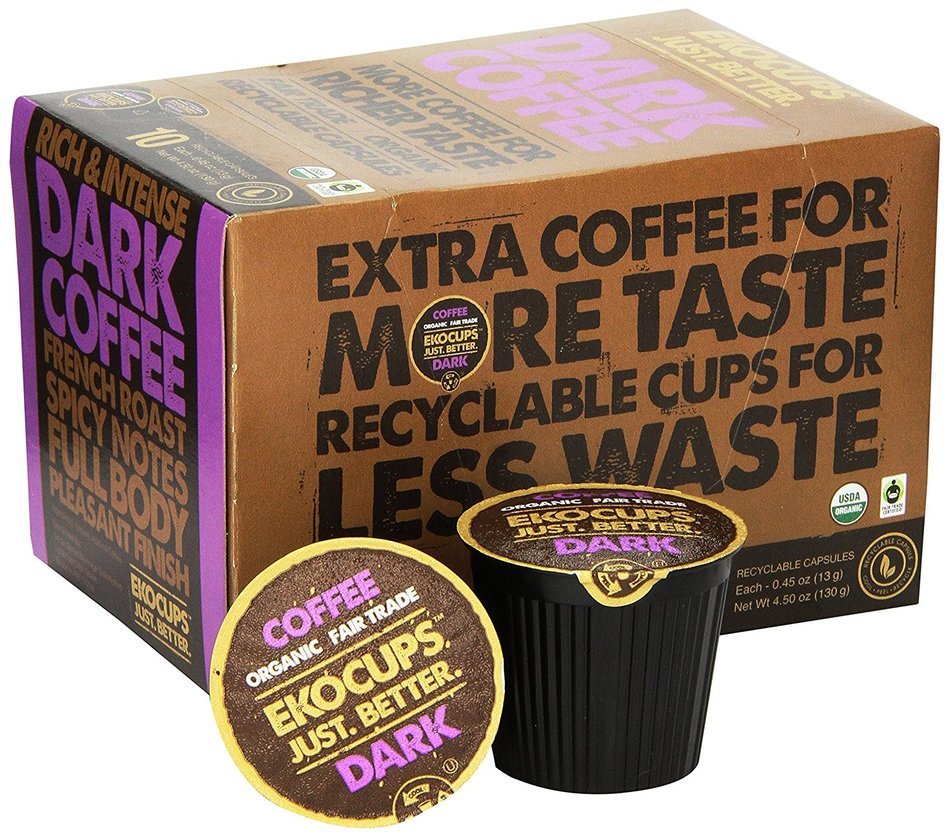 EKOCUPS Organic Artisan Coffee, Dark, Dark roast for Keurig K-cup single serve Brewers, 0.45 Ounce, 10 count N2