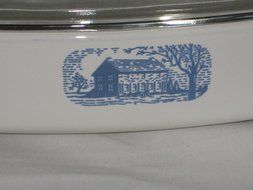 Vintage Corning Ware Amana Radarange White w/ Blue Colonial House 10 Inch Browning Skillet Casserole Baking Dish... N2