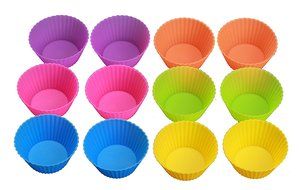 Silicone Baking Cups - Set of 12 Reusable Muffin and Cupcake Liners - Nonstick Cake Molds - With Red, Yellow,...