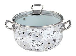 Europe Ware K1279/24 Enamel 6.5 quart Casserole Pan with Lid and Decorative Design, Large, White/Black